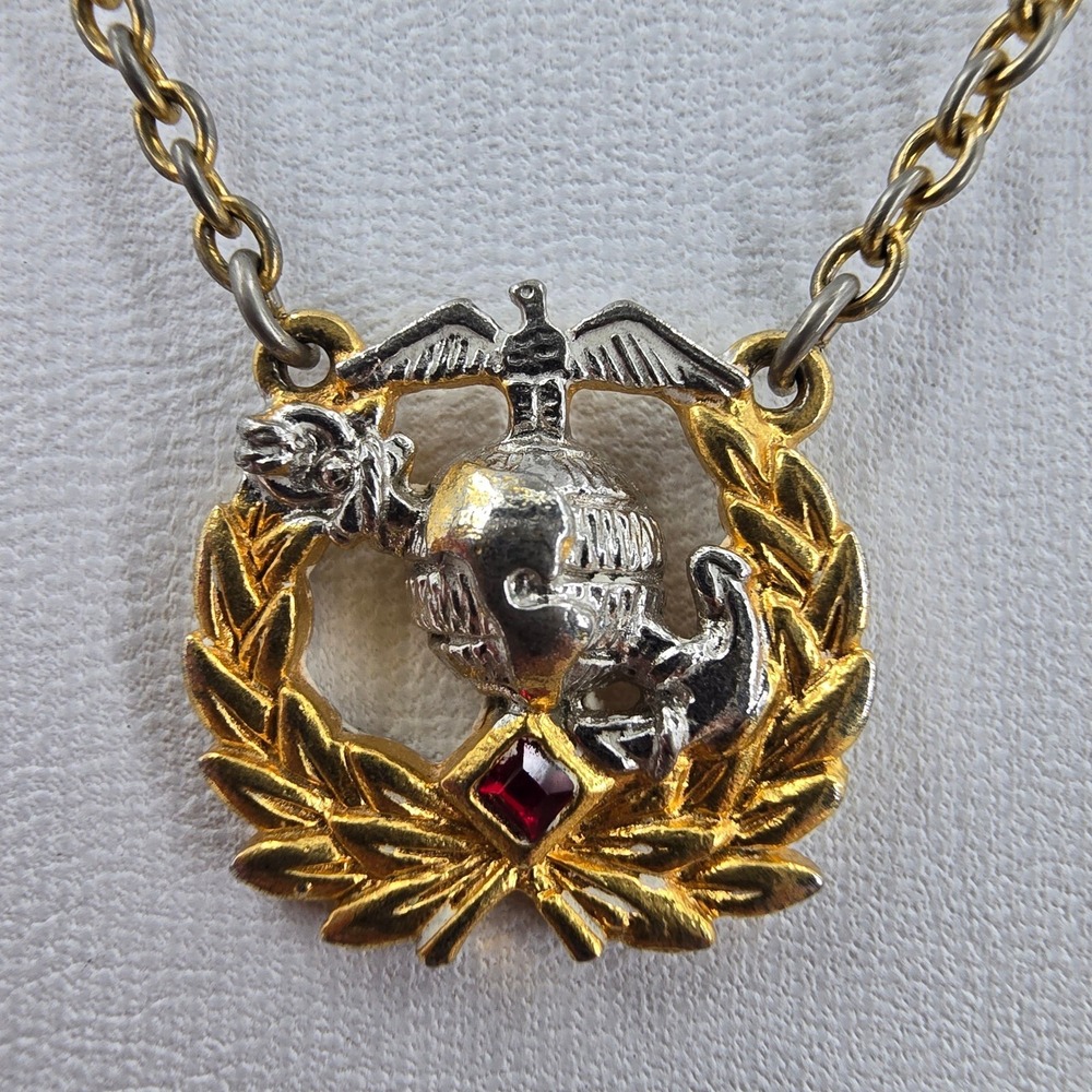 Ann Hand USMC Marines EGA Wreath Necklace Two Tone Gold Silver Red Crystal